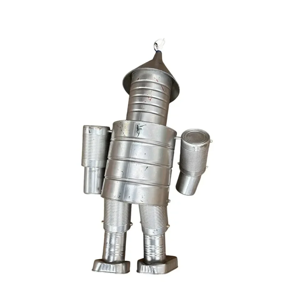 Vintage Tin Can Robot Folk Art Sculpture Handmade Recycled Metal 20” Tall